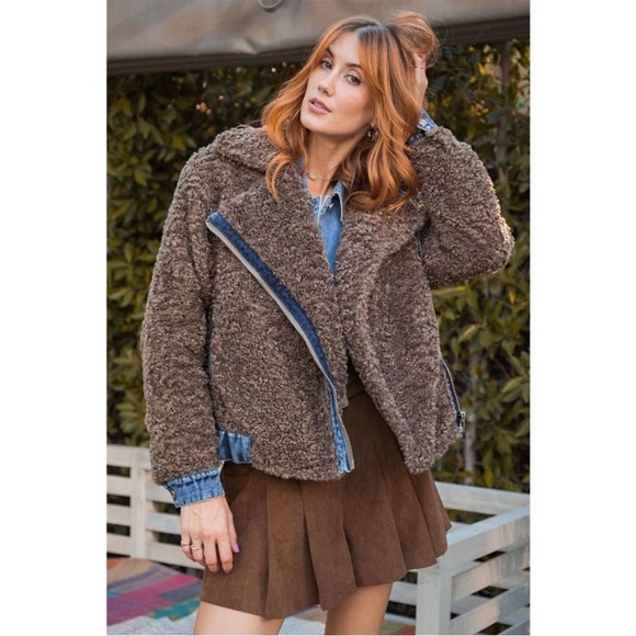 Easel Mocha Asymmetric Zip Lapel Collared Neckline Teddy Fur Denim Sherpa Jacket - Picture 13 of 13